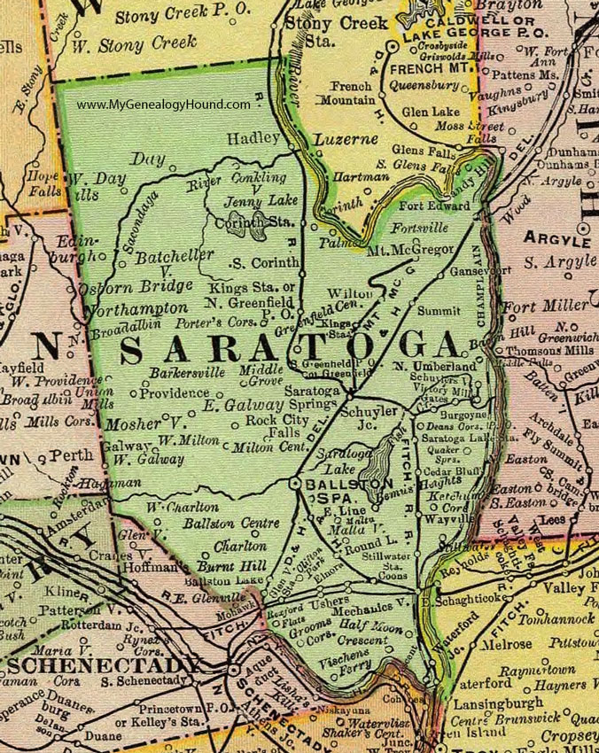 Saratoga County, New York 1897 Map by Rand McNally, Ballston Spa, Saratoga Springs, Schuylerville, Mechanicsville, Waterford, Rock City Falls, Middle Grove, Greenfield Center, Burnt Hills, Round Lake, NY