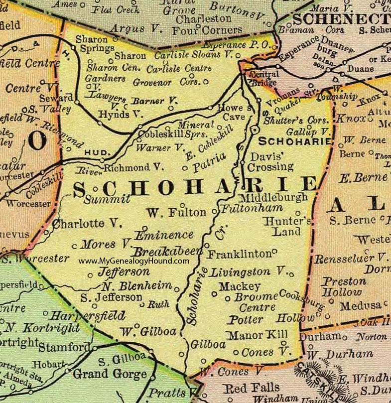 Schoharie County, New York 1897 Map by Rand McNally, Cobleskill, Middleburg, Sharon Springs, Sloansville, Esperance, Warnerville, Richmondville, Jefferson, North Blenheim, Gilboa, Fultonham, Manor Kill, NY