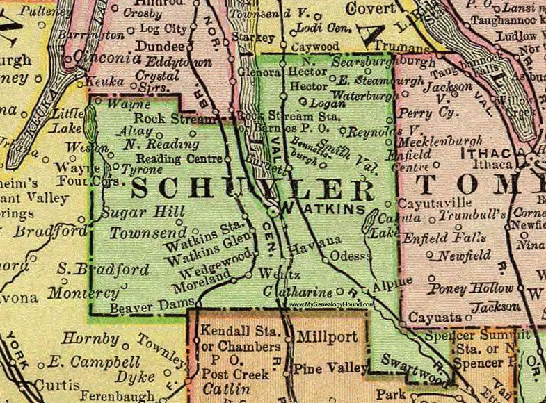 Schuyler County, New York 1897 Map by Rand McNally, Watkins Glen, Odessa, Mecklenburg, Beaver Dams, Cayuata, Reynoldsville, Wentz, Catharine, Moreland, Wedgewood, Tyrone, NY