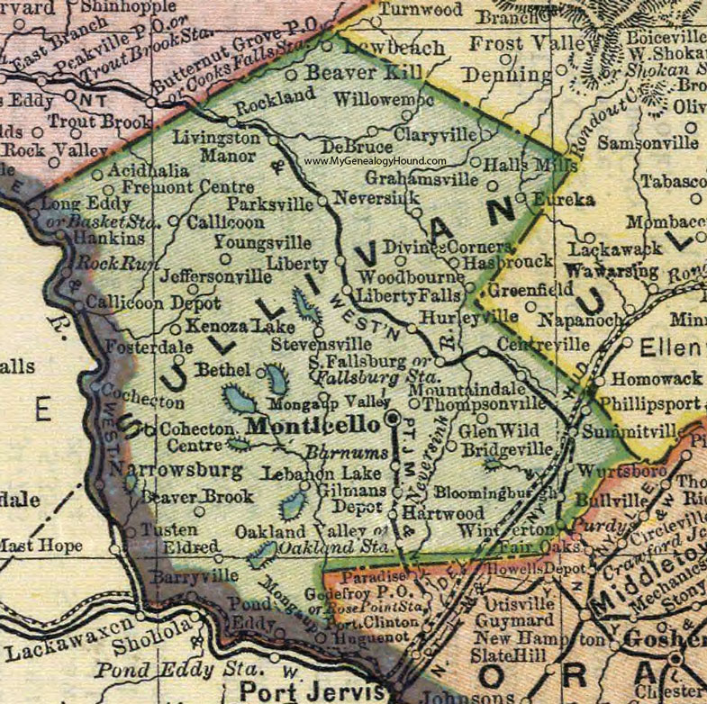 Sullivan County, New York 1892 Map by Mathews-Northrup, Monticello, Liberty, Parksville, South Fallsburg, Callicoon, Jefferson, Wurtsboro, Livingston Manor, Thompsonville, Cochecton, NY