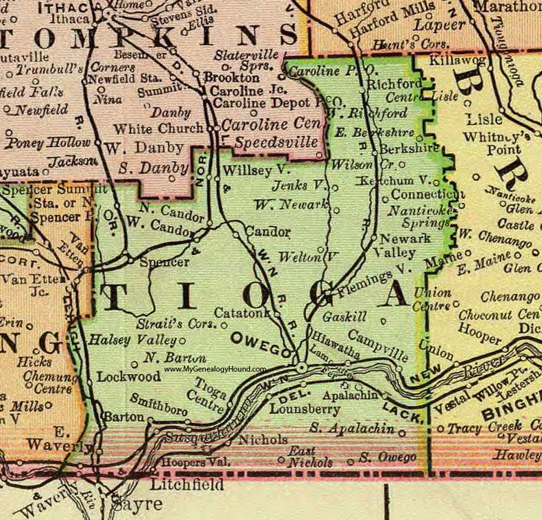 Tioga County, New York 1897 Map by Rand McNally, Owego, Waverly, Newark Valley, Candor, Spencer, Lockwood, Nichols, Smithboro, Tioga Center, Willseyville, NY