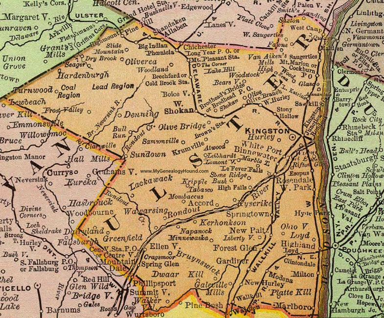 Ulster County, New York 1897 Map by Rand McNally, Kingston, Saugerties, Hurley, Marlboro, Highland, New Paltz, Wallkill, Ellenville, West Hurley, Woodstock, Shandaken, NY