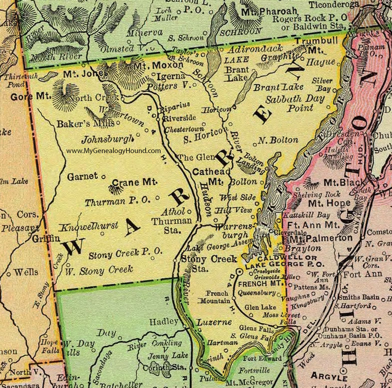 Warren County, New York 1897 Map by Rand McNally, Glen Falls, Lake George, Warrensburg, Chestertown, Athol, Stony Creek, Queensbury, Hartman, Luzerne, Hague, Silver Bay, NY