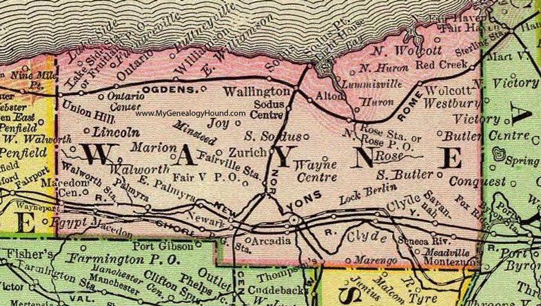 Wayne County, New York 1897 Map by Rand McNally, Newark, Lyons, Clyde, Palmyra, Williamson, Wolcott, Sodus, Red Creek, North Rose, Ontario Center, Pultneyville, NY