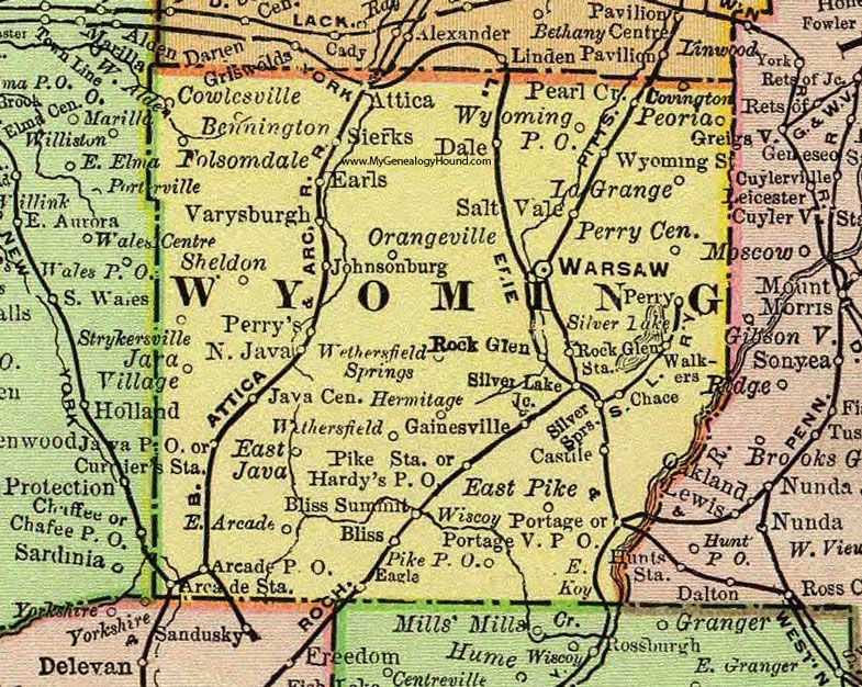Wyoming County, New York 1897 Map by Rand McNally, Warsaw, Perry, Arcade, Attica, Cowlesville, Varysburg, Castile, Silver Springs, Gainesville, Pike, Bliss, Sheldon, NY