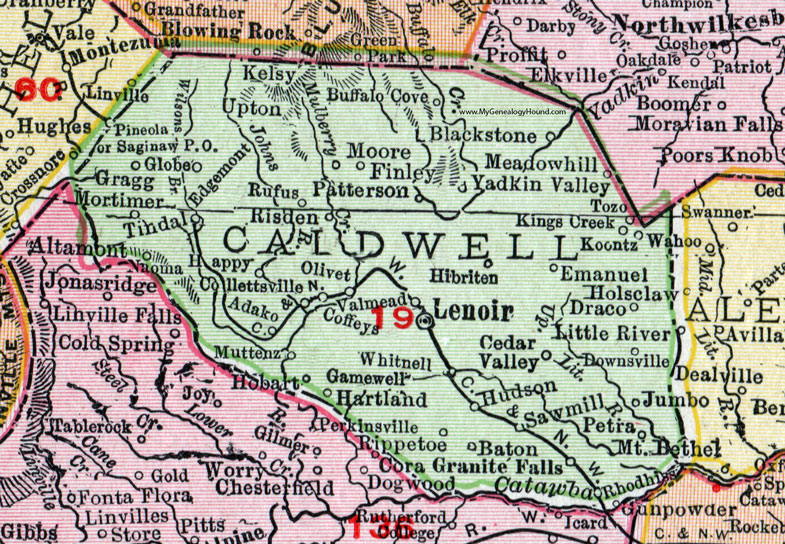 Caldwell County, North Carolina, 1911, Map, Rand McNally, Lenoir, Whitnel, Gamewell, Patterson, Collettsville, Granite Falls, Hudson, Sawmills, Rhodhiss, Yadkin Valley, Draco
