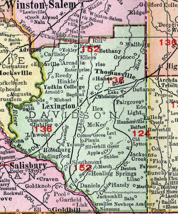 Davidson County, North Carolina, 1911, Map, Rand McNally, Lexington, Thomasville, Denton, Wallburg, Linwood, Southmont, Healing Springs, Yadkin College, Arcadia, Churchland, Orinoco, Fair Grove