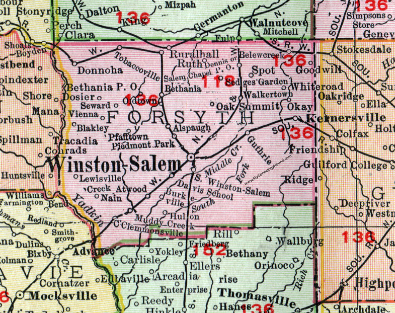 Forsyth County, North Carolina, 1911, Map, Rand McNally, Winston-Salem, Kernersville, Clemmons, Lewisville, Walkertown, Bethania, Tobaccoville, Pfafftown, Belews Creek, Alspaugh, Dosier, Donnoha