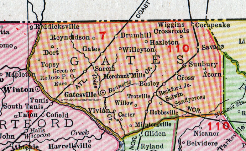 Gates County, North Carolina, 1911, Map, Rand McNally, Gatesville, Sunbury, Hobbsville, Roduco, Eure, Corapeake, Mintonsville, Topsy, Drum Hill, Bosley, Trotville, Merchant Mills, Sarem