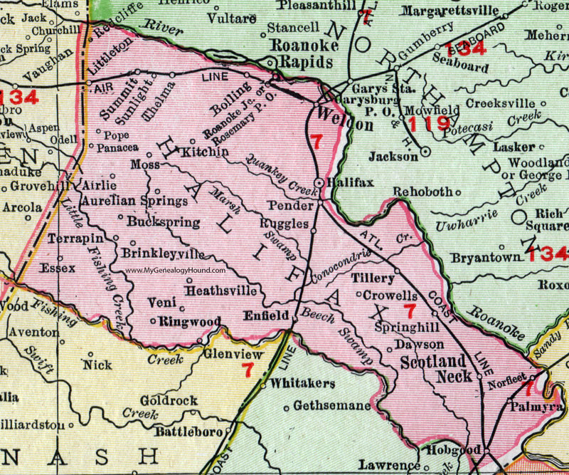 Halifax County, North Carolina, 1911, Map, Rand McNally, Scotland Neck, Enfield, Roanoke Rapids, Weldon, Tillery, Littleton, Hobgood, Palmyra, Bolling, Brinkleyville, Aurelian Springs, Veni, Crowells