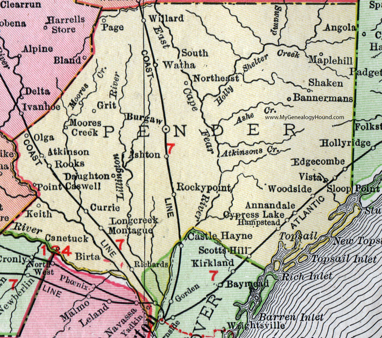 Pender County, North Carolina, 1911, Map, Rand McNally, Burgaw, Atkinson, Currie, Hampstead