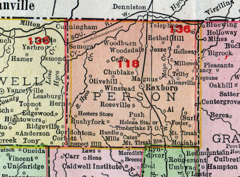 Person County, North Carolina, 1911, Map, Rand McNally, Roxboro, Hurdle Mills, Timberlake, Winstead