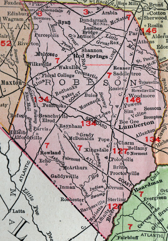 Robeson County, North Carolina, 1911, Map, Rand McNally, Lumberton, Red Springs, Maxton, Pembroke, Saint Pauls