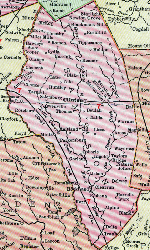 Sampson County, North Carolina, 1911, Map, Rand McNally, Clinton, Garland, Roseboro, Salemburg, Autryville, Harrells