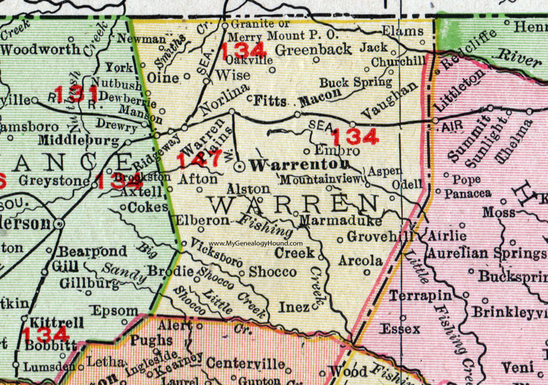 Warren County, North Carolina, 1911, Map, Rand McNally, Warrenton, Norlina, Macon, Vaughan, Ridgeway, Manson