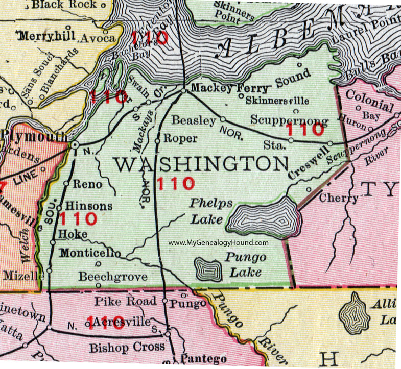 Washington County, North Carolina, 1911, Map, Rand McNally, Plymouth, Roper, Creswell, Beasley, Skinnersville, Scuppernong