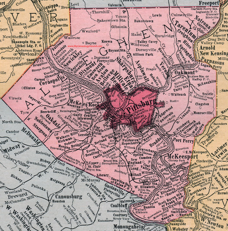 Allegheny County, Pennsylvania 1911 Map by Rand McNally, Pittsburg, McKees Rocks, McKeesport, Coraopolis, Oakdale, Millvale, Oakmont, Verona, Aspinwall, Bridgeville, Bellevue, Castle Shannon, PA