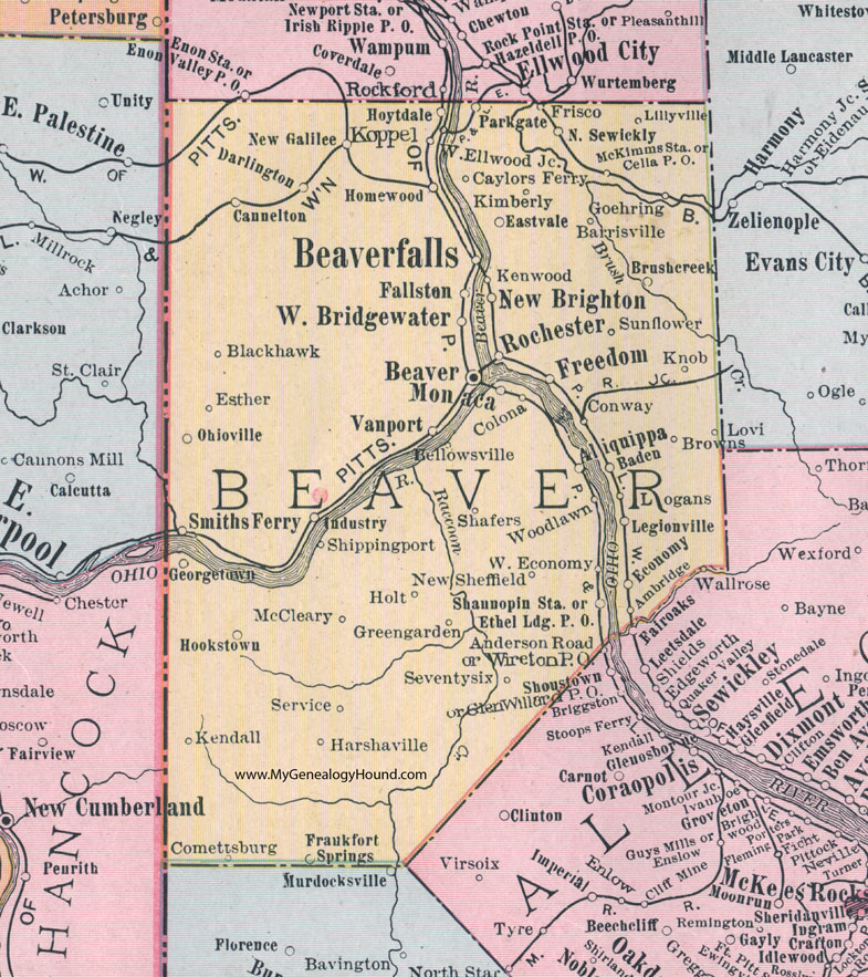 Beaver County, Pennsylvania 1911 Map by Rand McNally, Beaver Falls, Rochester, Freedom, Aliquippa, Monaca, Vanport, West Bridgewater, Fallston, Smiths Ferry, Darlington, Conway, Baden, Koppel, PA