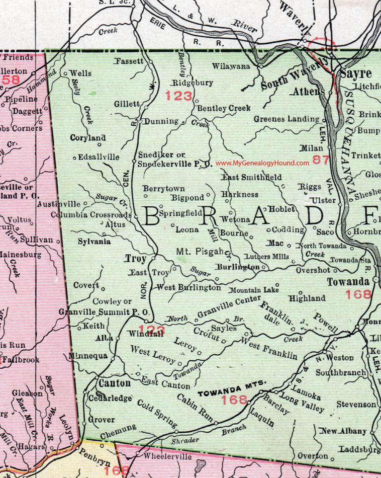 Western Bradford County, Pennsylvania on an 1911 map by Rand McNally.