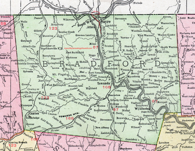 Bradford County, Pennsylvania 1911 Map by Rand McNally, Towanda, Sayre, Troy, Monroeton, Athens, Wyalusing, Canton, Ulster, Rome, Wysox, Powell, PA