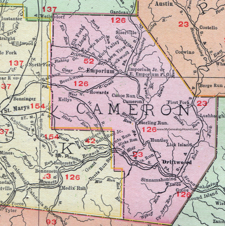Cameron County, Pennsylvania 1911 Map by Rand McNally, Emporium, Driftwood, Sterling Run, Sizerville, Huntley, Sinnemahoning, Hicks Run, Mix Run, Lushbaugh, First Fork, Lockwood, Beechwood, Goodyear, PA