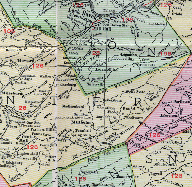 Eastern Centre County, Pennsylvania on an 1911 map by Rand McNally.
