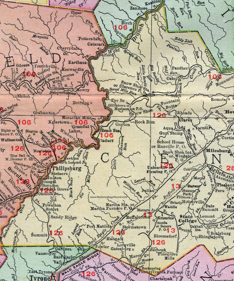 Western Centre County, Pennsylvania on an 1911 map by Rand McNally.