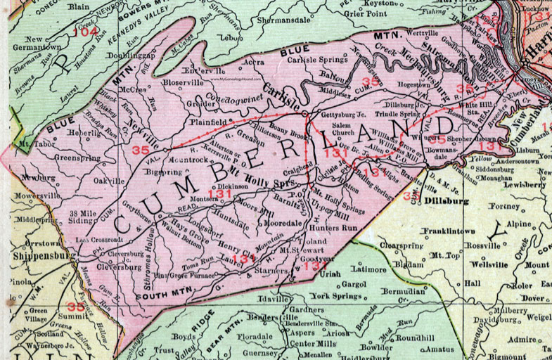 Cumberland County, Pennsylvania 1911 Map by Rand McNally, Carlisle, Mechanicsburg, Shippensburg, Camp Hill, New Cumberland, Bowmansdale, Grantham, Boiling Springs, Mount Holly Springs, Newville, Shiremanstown, Walnut Bottom,  PA