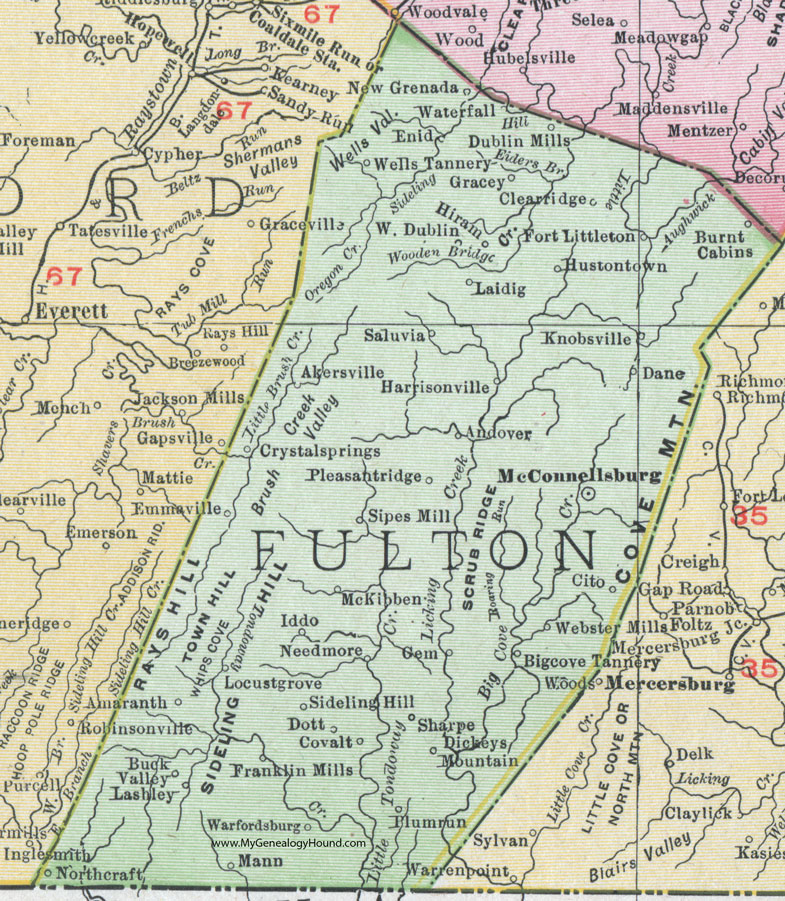 Fulton County, Pennsylvania 1911 Map by Rand McNally, McConnellsburg, Harrisonville, Hustontown, Waterfall, Wells Tannery, Crystal Spring, Big Cove Tannery, Needmore, Warfordsburg, Knobsville, Fort Littleton, Burnt Cabins, McKibben, PA