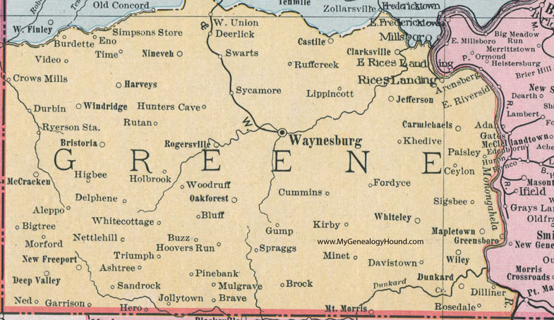 Greene County, Pennsylvania 1911 Map by Rand McNally, Waynesburg, Wind Ridge, New Freeport, Pine Bank, Spraggs, Mount Morris, Dilliner, Carmichaels, Rices Landing, Clarksville, Sycamore, Rogersville, Holbrook, Aleppo, PA