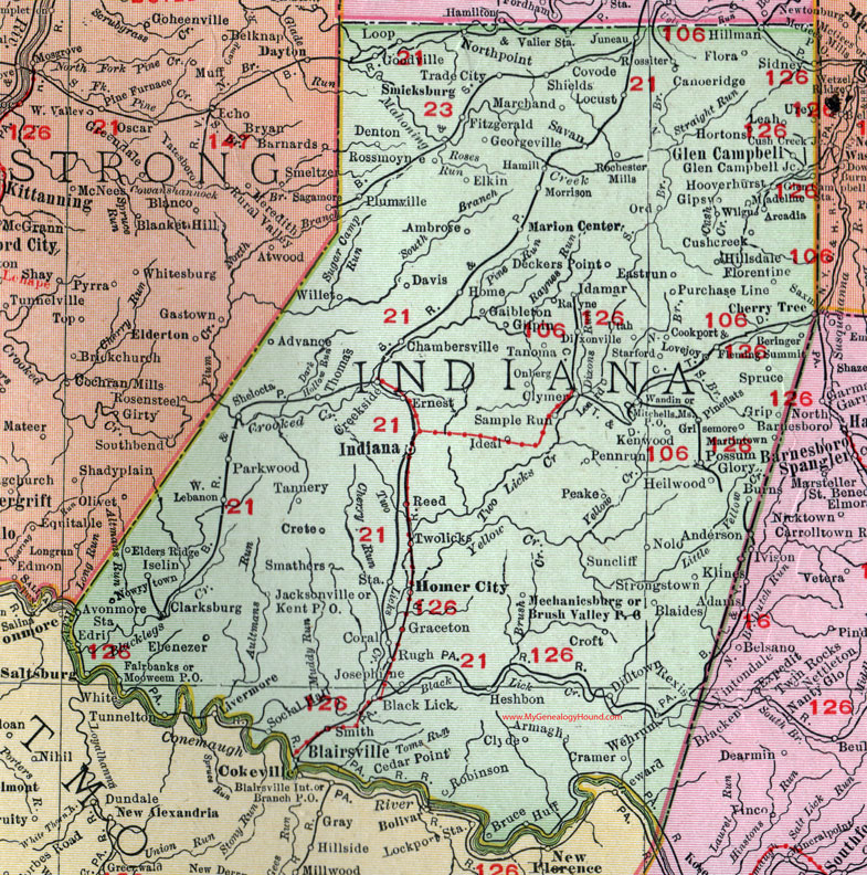 PA Indiana County Pennsylvania 1911 Map Rand McNally Glen Campbell Blairsville Homer City 