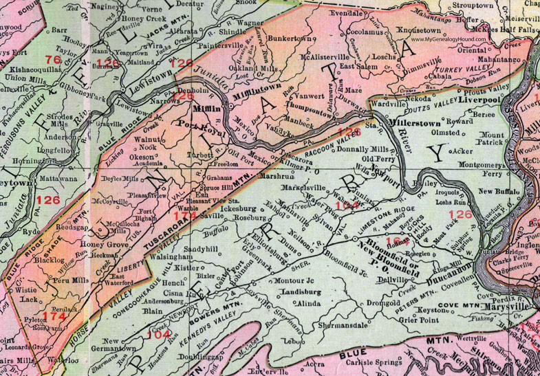 Juniata County, Pennsylvania 1911 Map by Rand McNally, Mifflintown, Port Royal, Thompsontown, Mifflin, Oakland Mills, Mexico, Tuscarora, East Waterford, Dimmsville, Denholm, Doyles Mills, McCullochs Mills, Peru Mills, PA