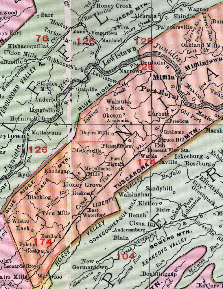 Western Juniata County, Pennsylvania on an 1911 map by Rand McNally.