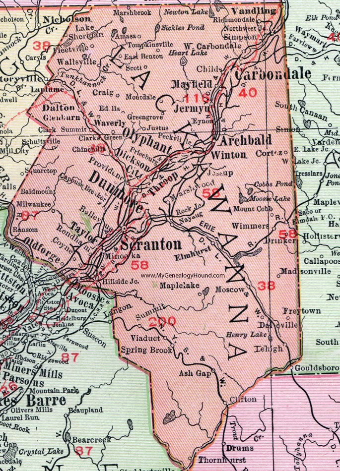 Lackawanna County, Pennsylvania 1911 Map by Rand McNally, Scranton, Carbondale, Archbald, Olyphant, Dunmore, Winton, Taylor, Vandling, Mayfield, Dalton, Dickson City, Taylor, Elmhurst, PA