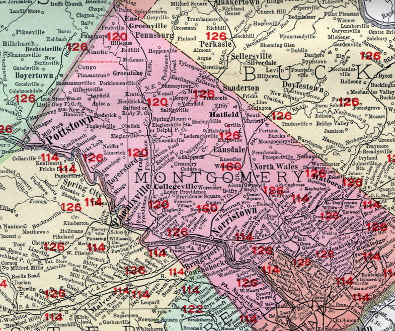 Montgomery County, Pennsylvania 1908 Map by Rand McNally, Norristown, Pottstown, Pennsburg, Royersford, Collegeville, Gilbertsville, Hatfield, North Wales, Lansdale, Montgomeryville, Harleysville, Hatboro, PA