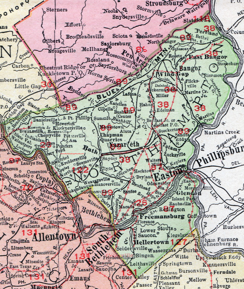 Northampton County, Pennsylvania 1911 Map by Rand McNally, Easton, Nazareth, Bangor, East Bangor, Wind Gap, Bath, Freemansburg, Hellertown, Pen Argyl, Bethlehem, Portland, Tatamy, PA