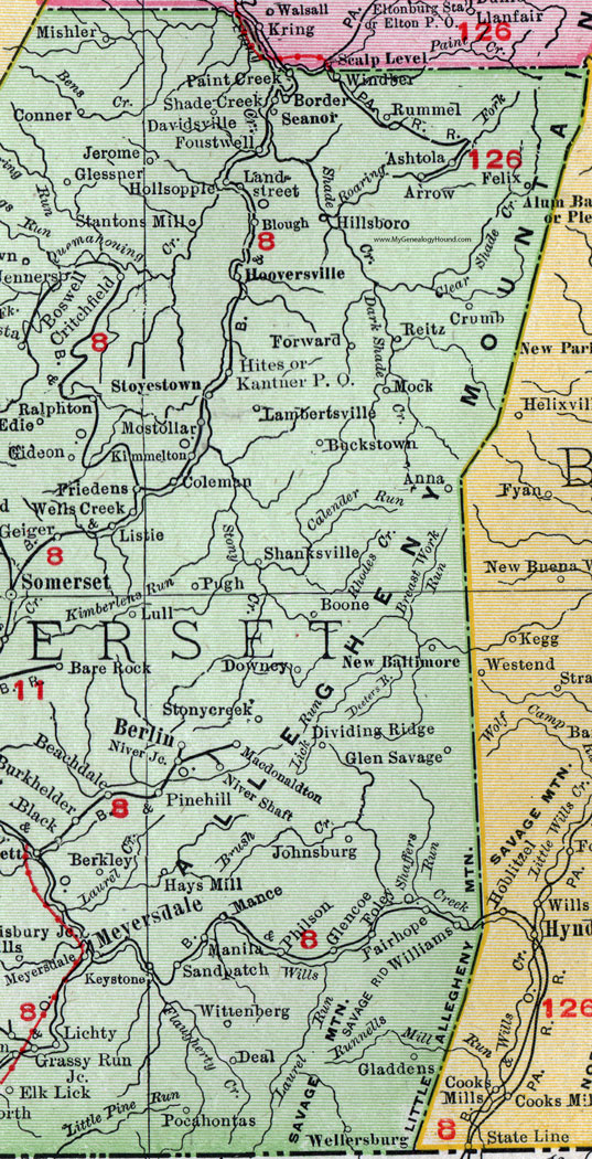 Eastern Somerset County, Pennsylvania on an 1911 map by Rand McNally.