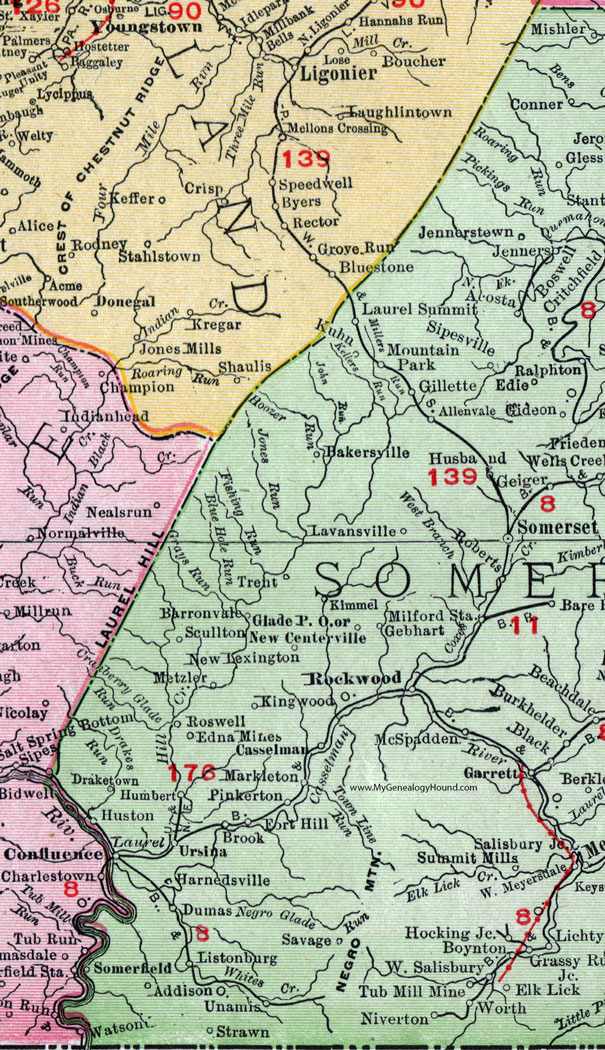 Western Somerset County, Pennsylvania on an 1911 map by Rand McNally.