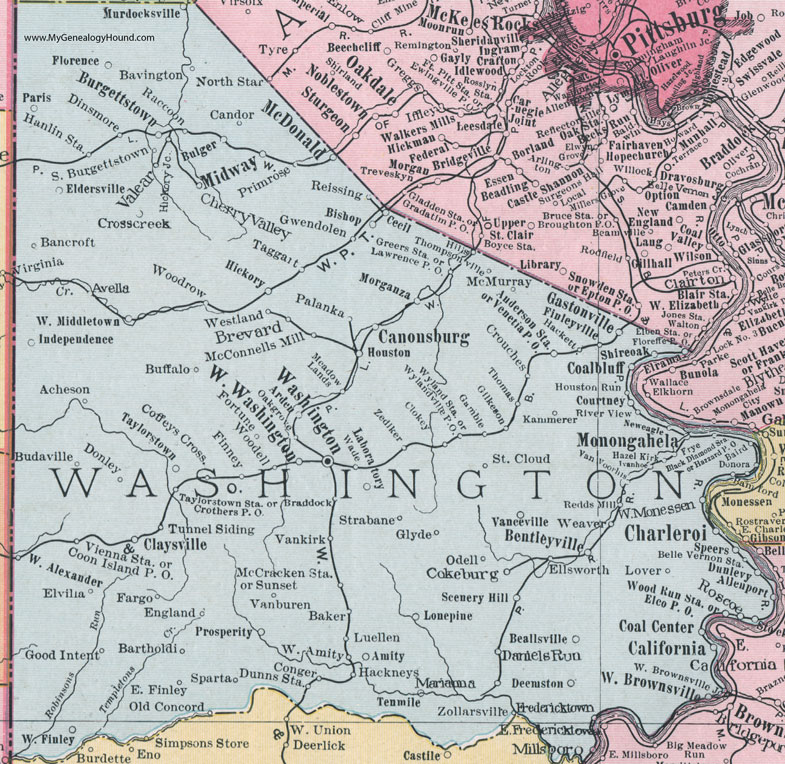 Washington County, Pennsylvania 1911 Map by Rand McNally, Monongahela, Charleroi, Canonsburg, McDonald, Midway, California, Burgettstown, West Middletown, McMurray, Cecil, Houston, Finleyville, Gastonville, Donora, PA