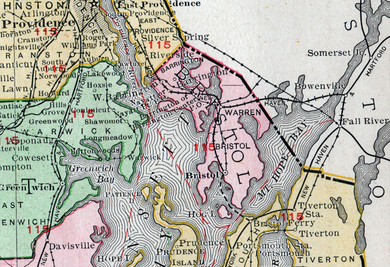 Bristol County, Rhode Island, 1911, Map, Rand McNally, Warren, Barrington, Nyatt, Warrington