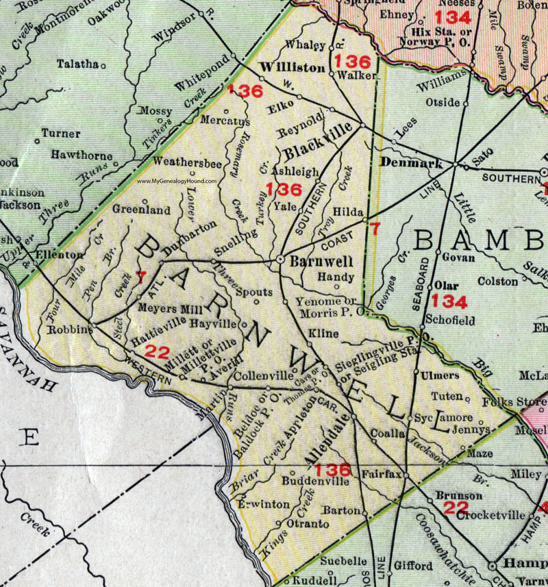 Barnwell County, South Carolina, 1911, Map, Rand McNally, Blackville, Allendale, Williston, Snelling, Fairfax, Millett, Appleton, Sycamore, Hilda, Elko, Seigling, Barton, Meyers Mill