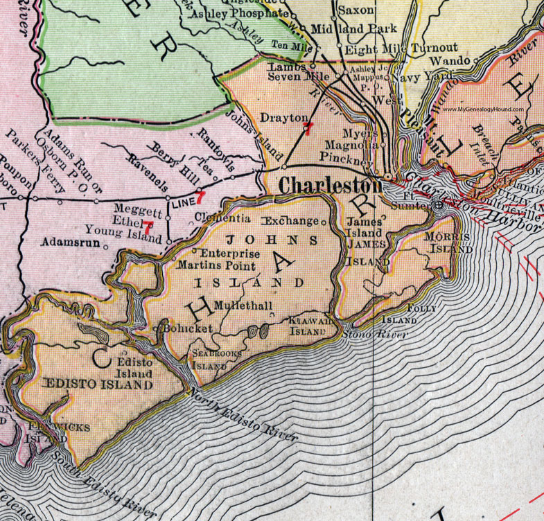 An enlarged view of the western half of Charleston County, South Carolina.