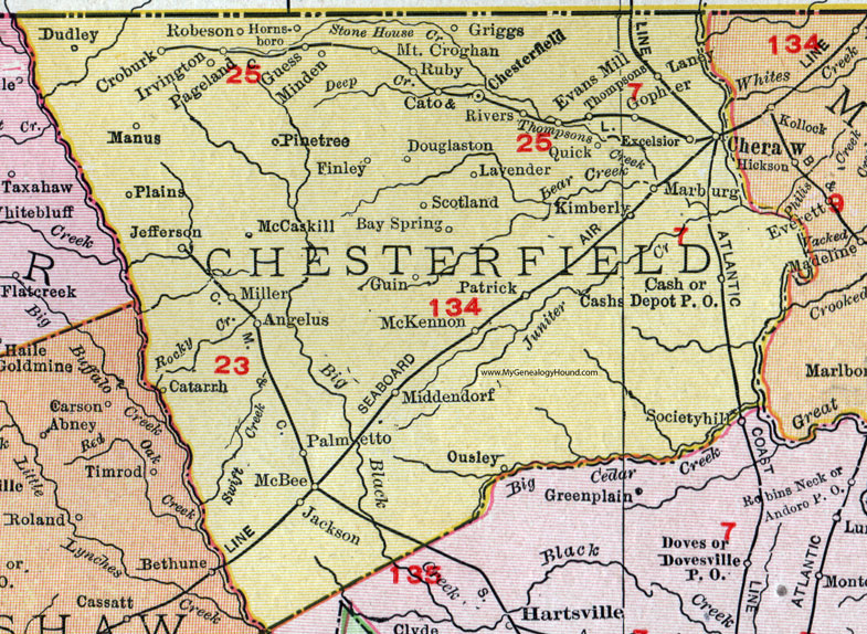 Chesterfield County, South Carolina, 1911, Map, Rand McNally, Cheraw, Pageland, McBee, Ruby, Mt. Groghan, Jefferson, Angelus, Patrick, Evans Mill, Middendorf, McCaskill, Marburg