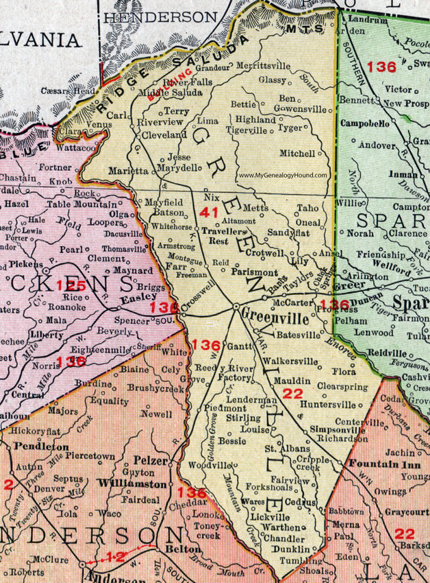 Greenville County, South Carolina, 1911, Map, Rand McNally, Greenville City, Greer, Travelers Rest, Taylors, Mauldin, Simpsonville, Fountain Inn, Marietta