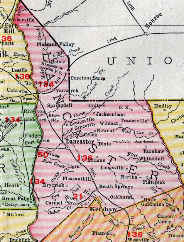 Lancaster County, South Carolina, 1911, Map, Rand McNally, Lancaster City, Kershaw, Heath Springs, Tradesville, Taxahaw, Stoneboro