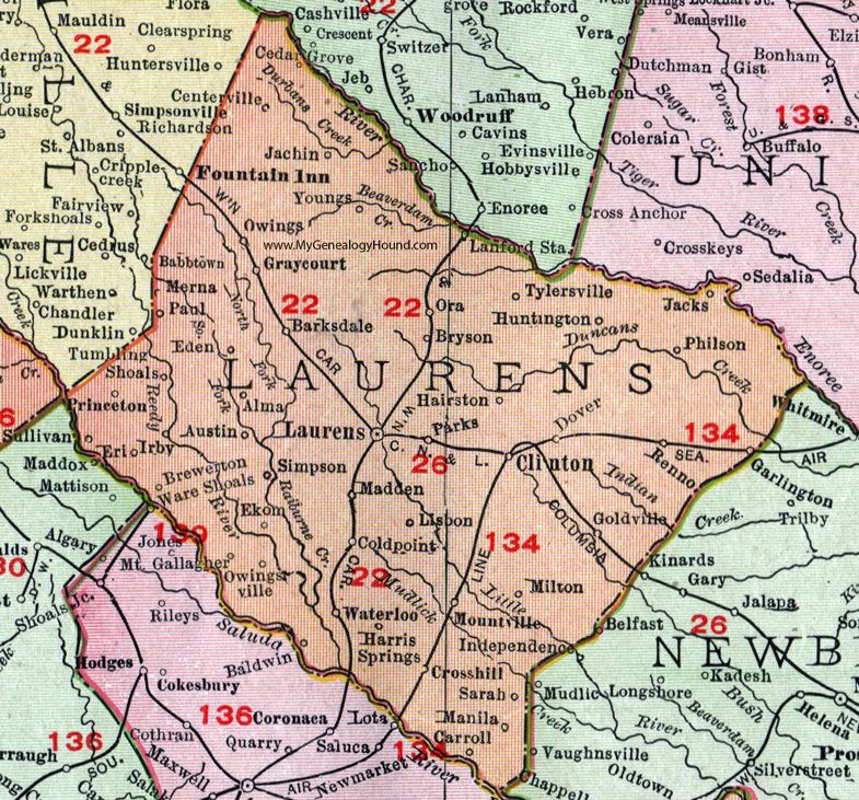 Laurens County, South Carolina, 1911, Map, Rand McNally, Laurens City, Clinton, Gray Court, Owings, Mountville, Waterloo, Cross Hill