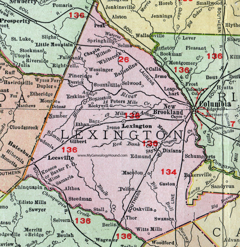 Lexington County, South Carolina, 1911, Map, Rand McNally, City of Lexington, Irmo, Leesville, Cayce, Swansea, Gaston, Pelion, Batesburg