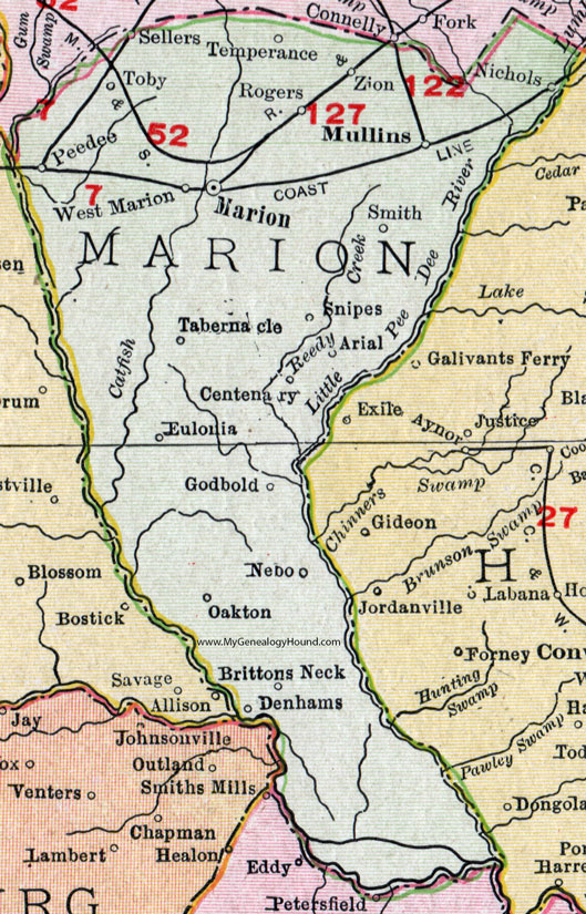 Marion County, South Carolina, 1911, Map, Rand McNally, City of Marion, Mullins, Centenary, Brittons Neck, Sellers, Pee Dee, Zion