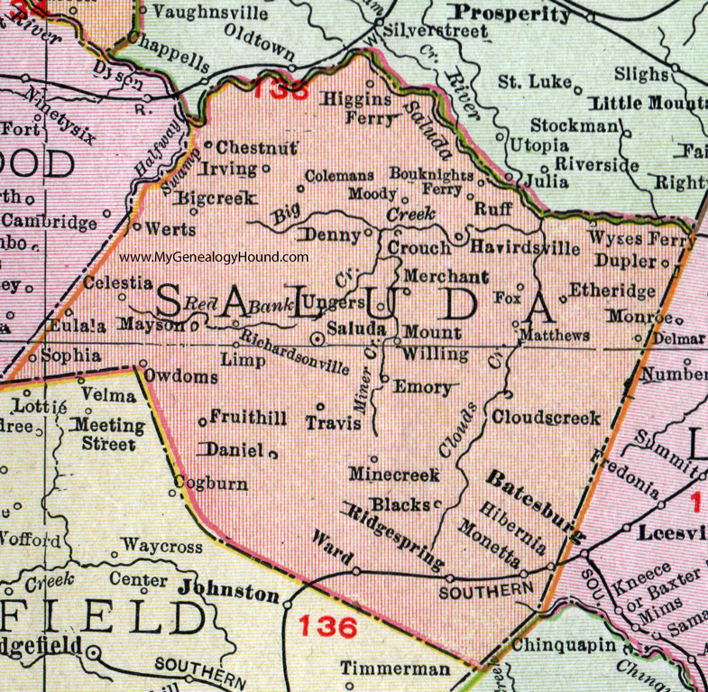Saluda County, South Carolina, 1911, Map, Rand McNally, City of Saluda, Ward, Ridge Spring, Owdoms, Monetta, Etheridge