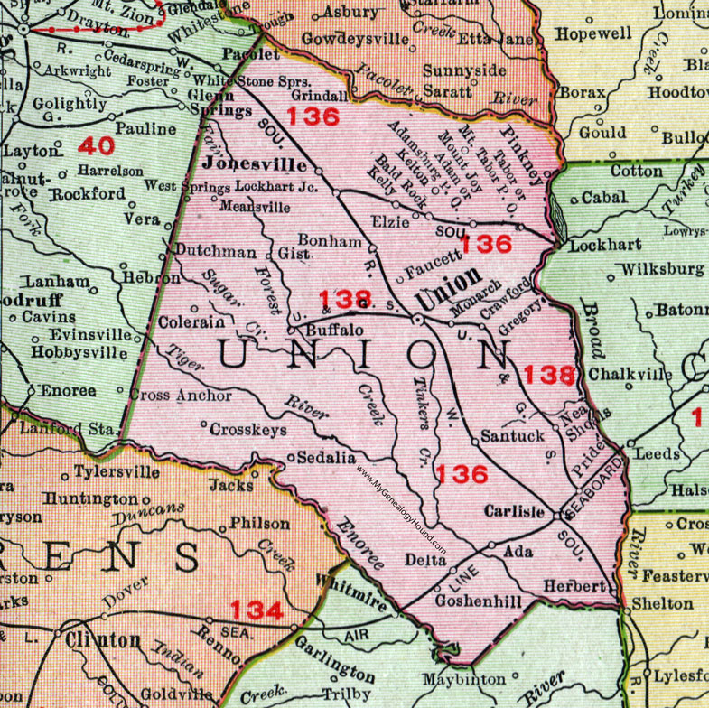 Union County, South Carolina, 1911, Map, Rand McNally, City of Union, Buffalo, Carlisle, Monarch Mills, Lockhart, Jonesville, Sedalia, Adamsburg
